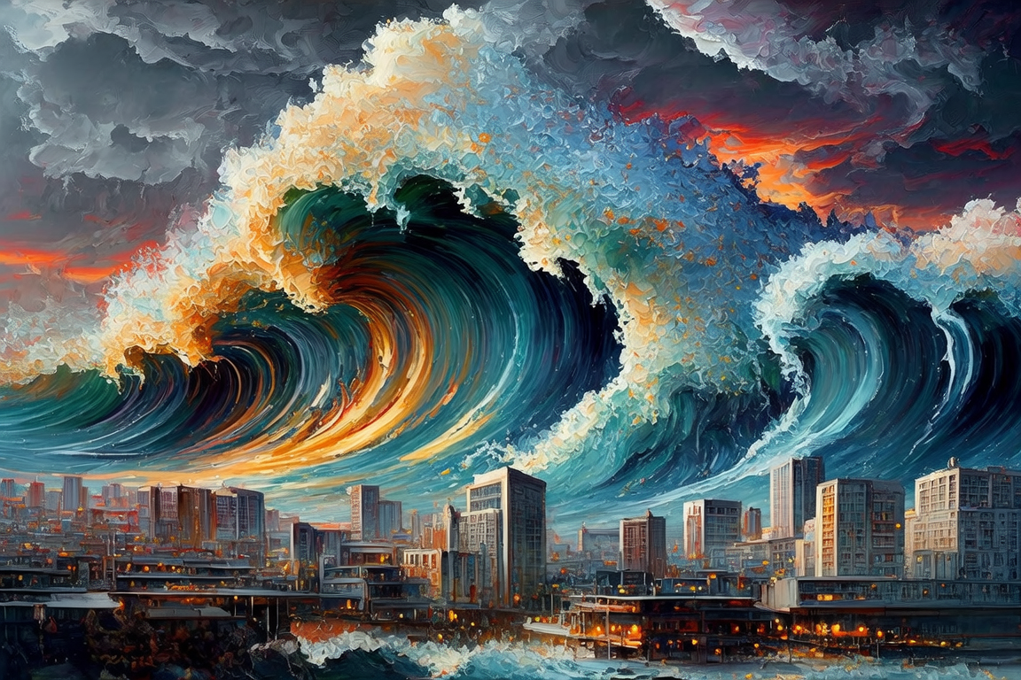 A great wave rising over a city skyline
