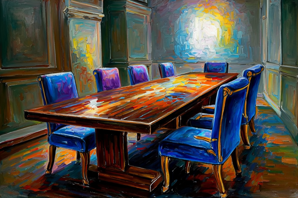 Abstract oil painting: iridescent rainbow layers — the 30 people across 6 layers who control AI's money, compute and rules