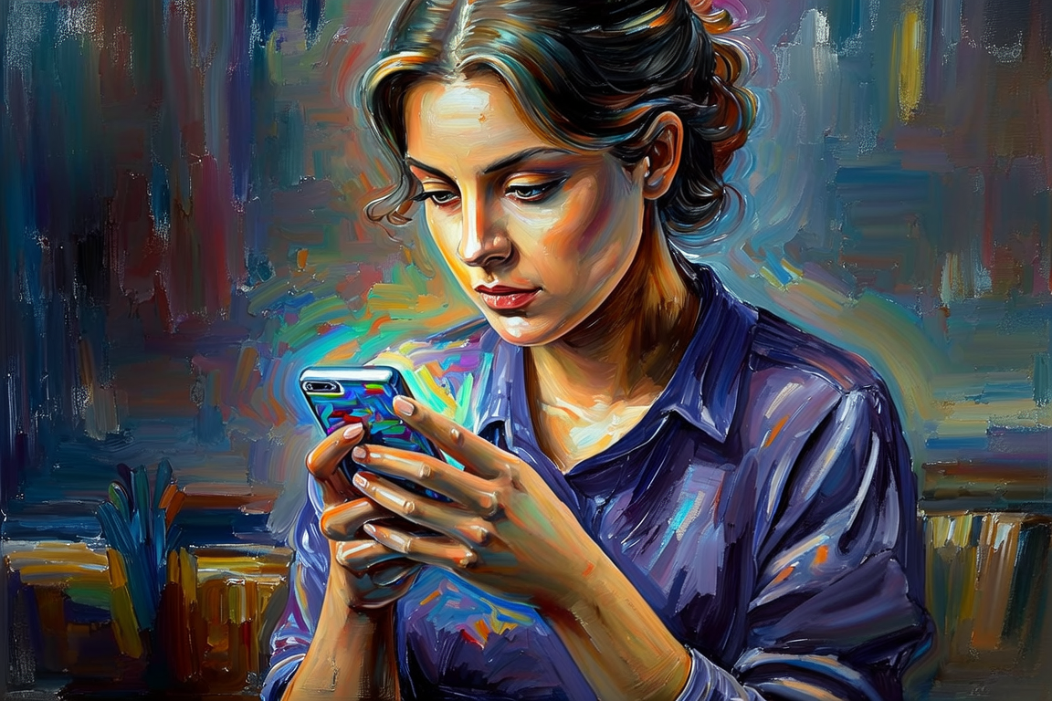 Abstract oil painting: layered iridescent forms — algorithmic systems making life decisions