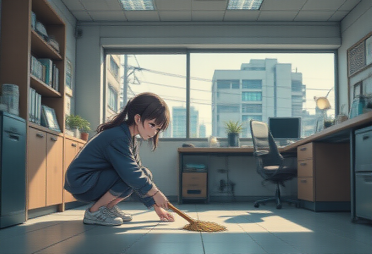 Mopping the spilled coffee. Panel 029, The Coolant.