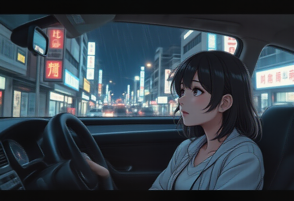 In the passenger seat of her own car. Panel 046, The Test.